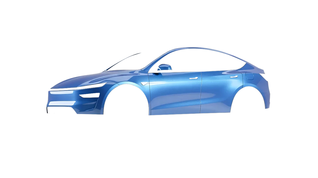 Tesla Model Y Juniper 2025 wrapped in Azure Gloss (ORACAL 970RA-197G), front three-quarter view