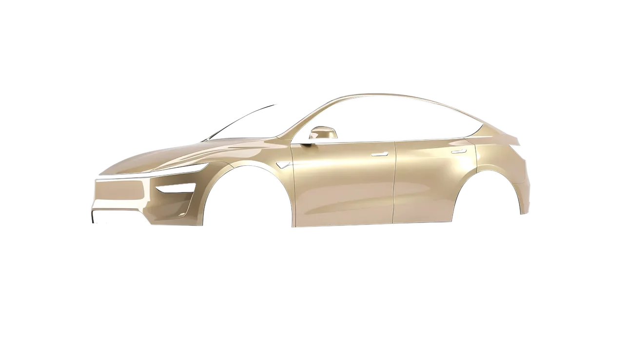 Tesla Model Y Juniper 2025 wrapped in Brass Gloss (ORACAL 970RA-922G), front three-quarter view