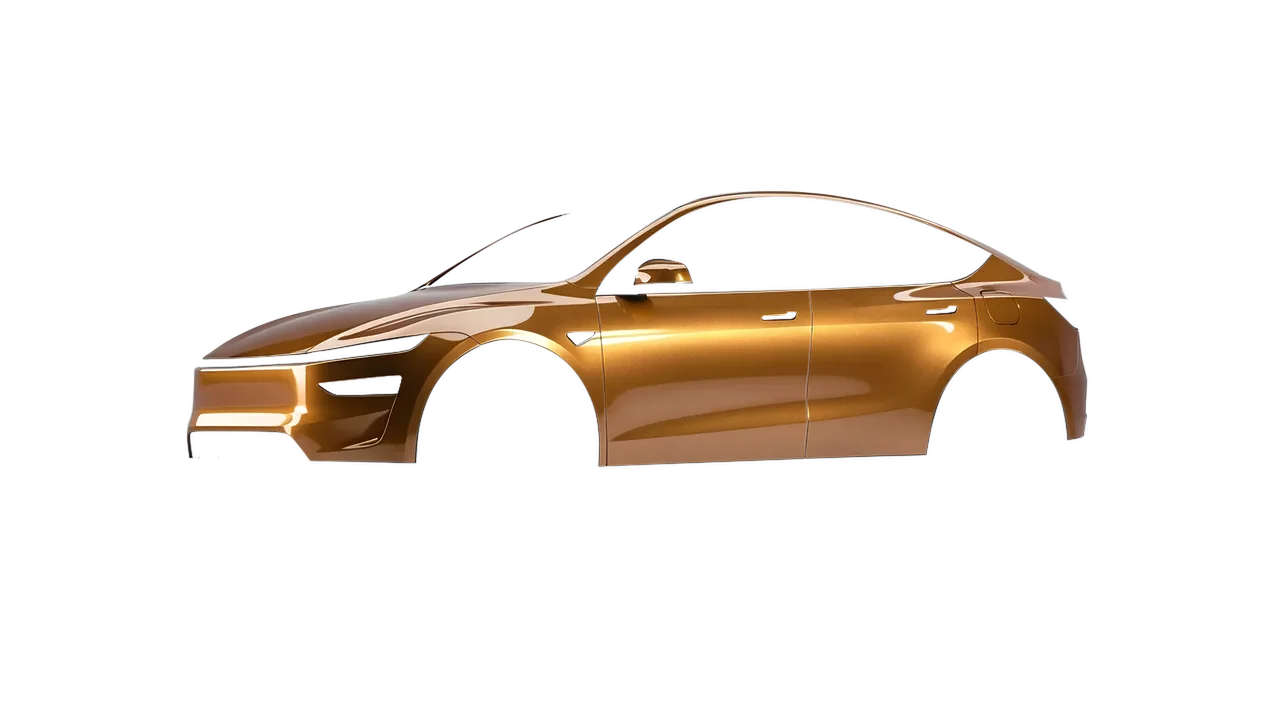 Tesla Model Y Juniper 2025 wrapped in Bronze Gloss (ORACAL 970RA-920G), front three-quarter view