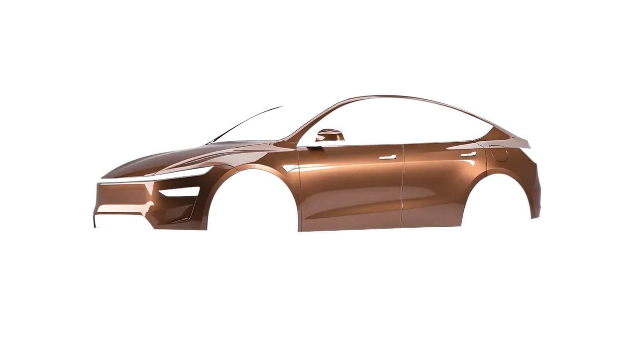 Tesla Model Y Juniper 2025 wrapped in Bronze Antique Gloss (ORACAL 970RA-921G), front three-quarter view