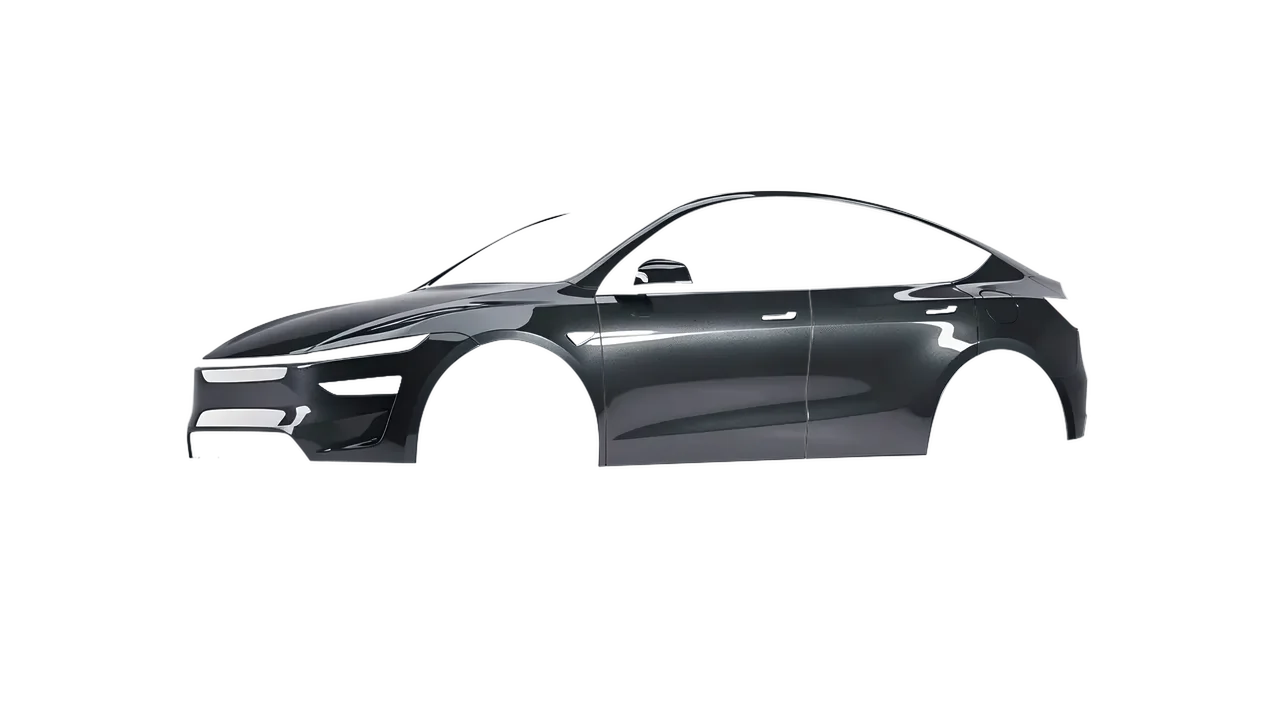 Tesla Model Y Juniper 2025 wrapped in Charcoal Gloss (ORACAL 970RA-937G), front three-quarter view