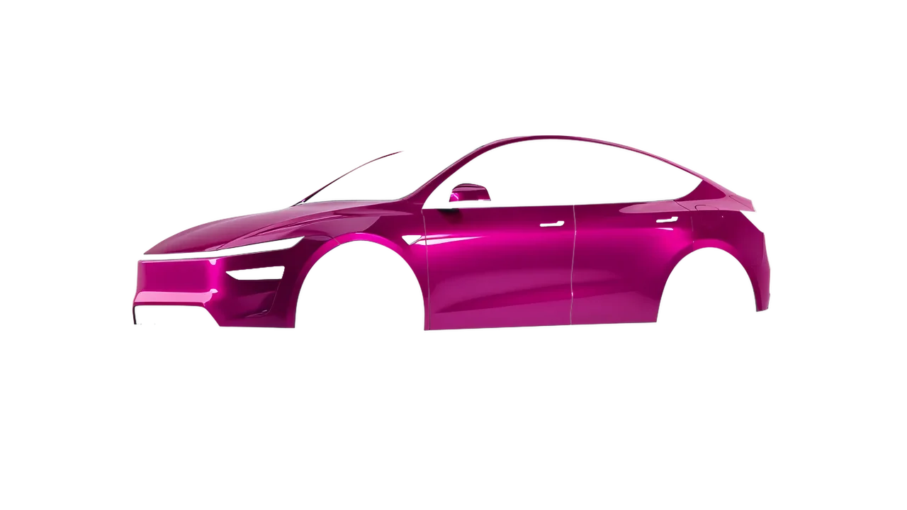 Tesla Model Y Juniper 2025 wrapped in Gloss Cosmos Pink (KPMF K75410), front three-quarter view