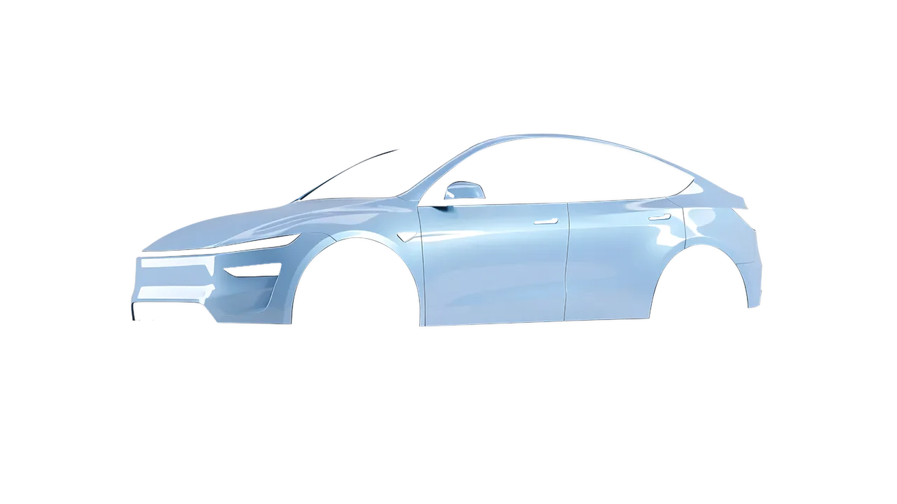 Tesla Model Y Juniper 2025 wrapped in Dove Blue Gloss (ORACAL 970RA-195G), front three-quarter view