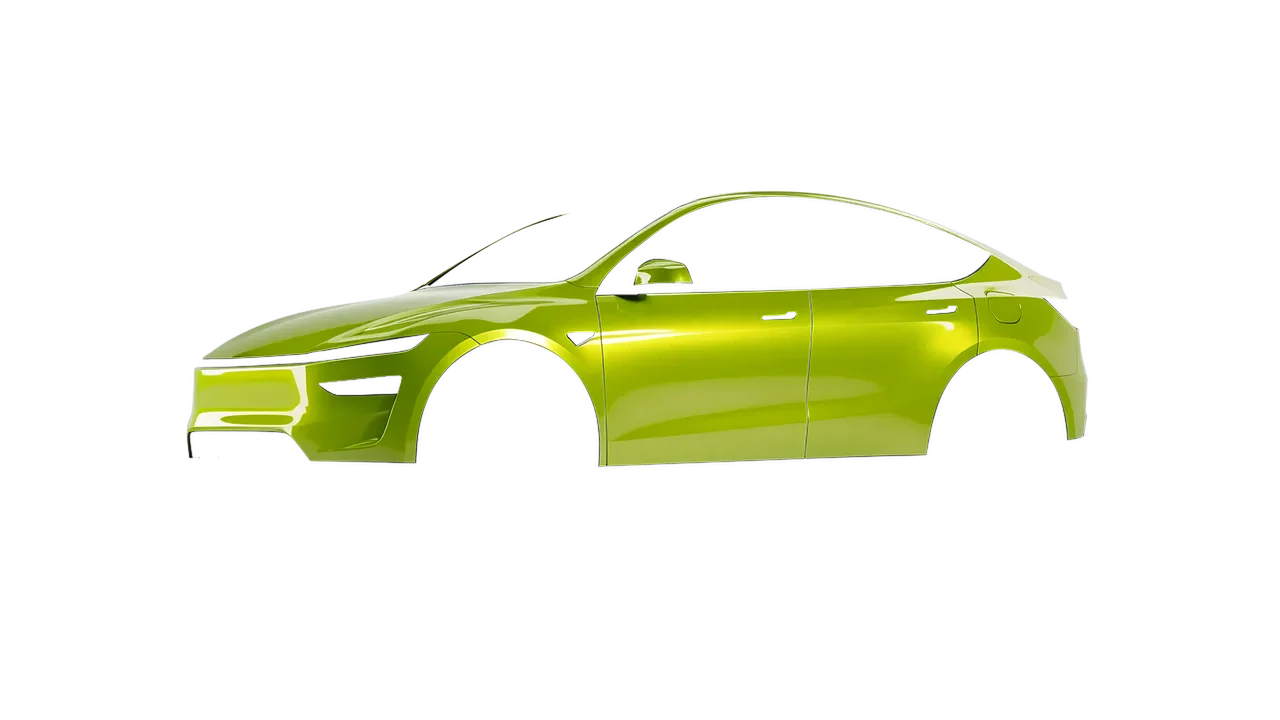 Tesla Model Y Juniper 2025 wrapped in Dynamic Lime Gloss (KPMF K75454), front three-quarter view