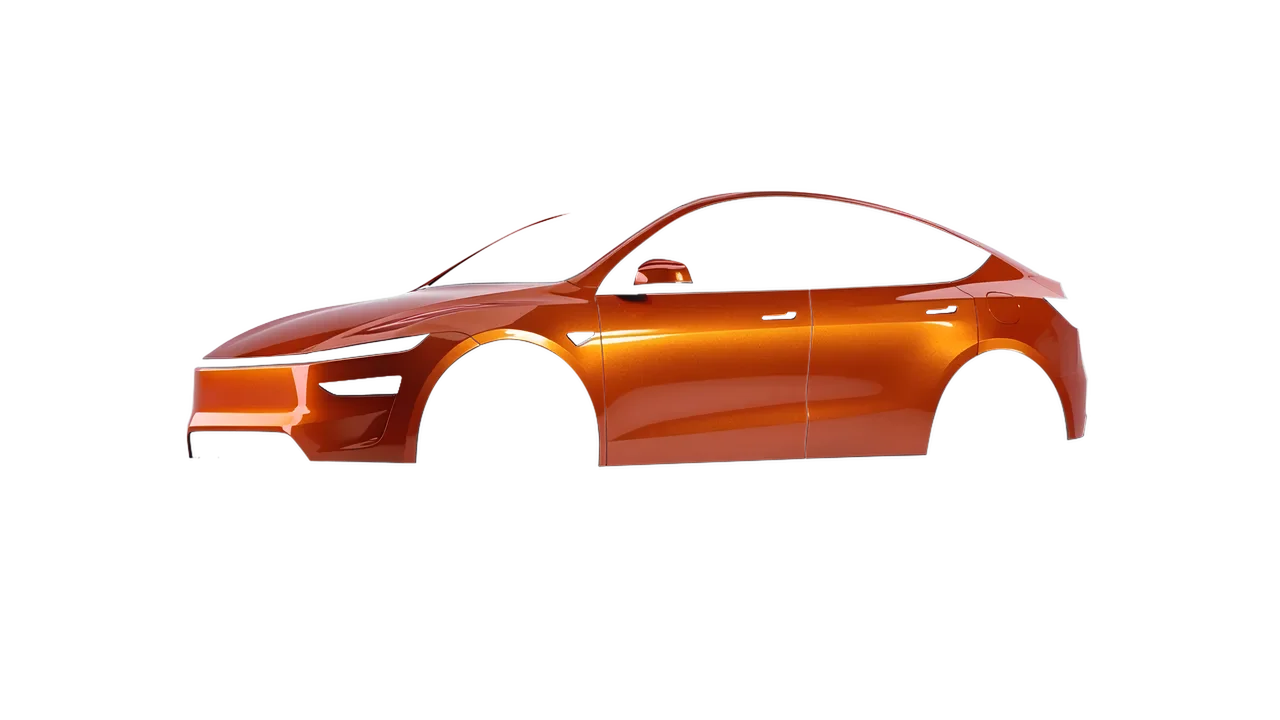 Tesla Model Y Juniper 2025 wrapped in Ember Orange Gloss (KPMF K75404), front three-quarter view