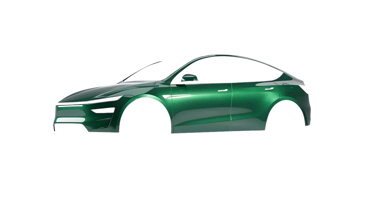 Tesla Model Y Juniper 2025 wrapped in Envious Green Gloss (KPMF K75407), front three-quarter view