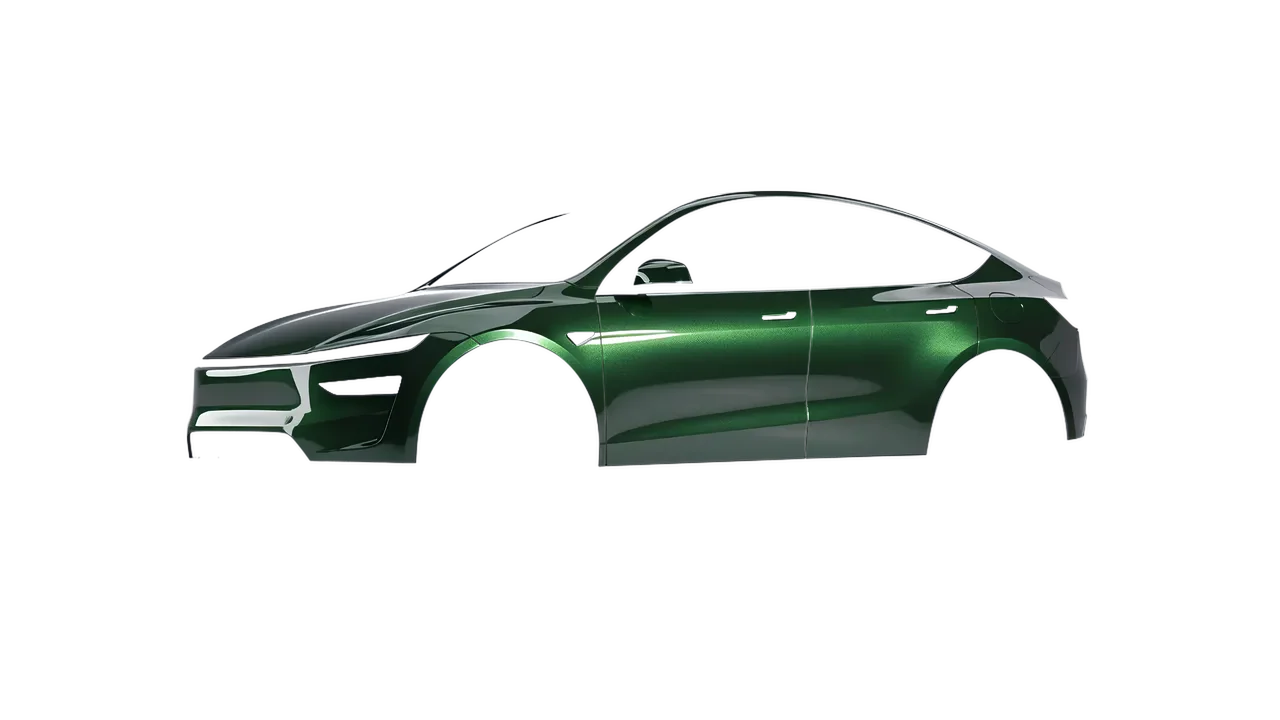 Tesla Model Y Juniper 2025 wrapped in Fir Green Gloss (ORACAL 970RA-677G), front three-quarter view