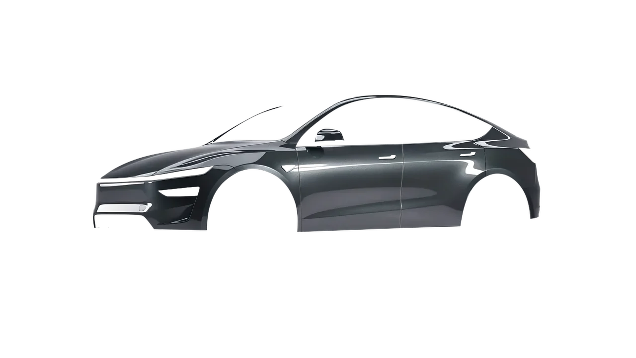 Tesla Model Y Juniper 2025 wrapped in Graphite Gloss (ORACAL 970RA-932G), front three-quarter view