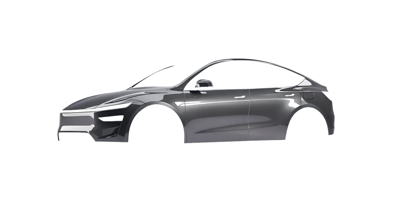 Tesla Model Y Juniper 2025 wrapped in Grey Cast Iron Gloss (ORACAL 970RA-935G), front three-quarter view