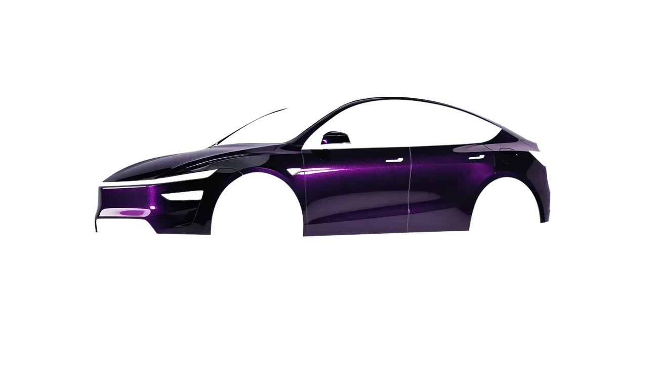Tesla Model Y Juniper 2025 wrapped in Hypnotic Black Violet Gloss (KPMF K75459), front three-quarter view