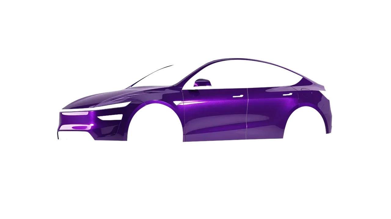 Tesla Model Y Juniper 2025 wrapped in Imperial Orchid Gloss (KPMF K75468), front three-quarter view