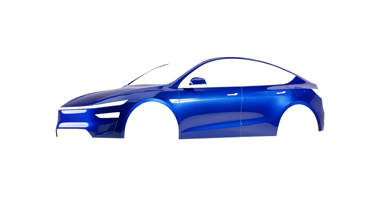 Tesla Model Y Juniper 2025 wrapped in Indulgent Blue Gloss (KPMF K75405), front three-quarter view