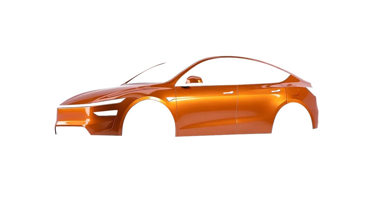 Tesla Model Y Juniper 2025 wrapped in Mandarin Gloss (ORACAL 970RA-300G), front three-quarter view