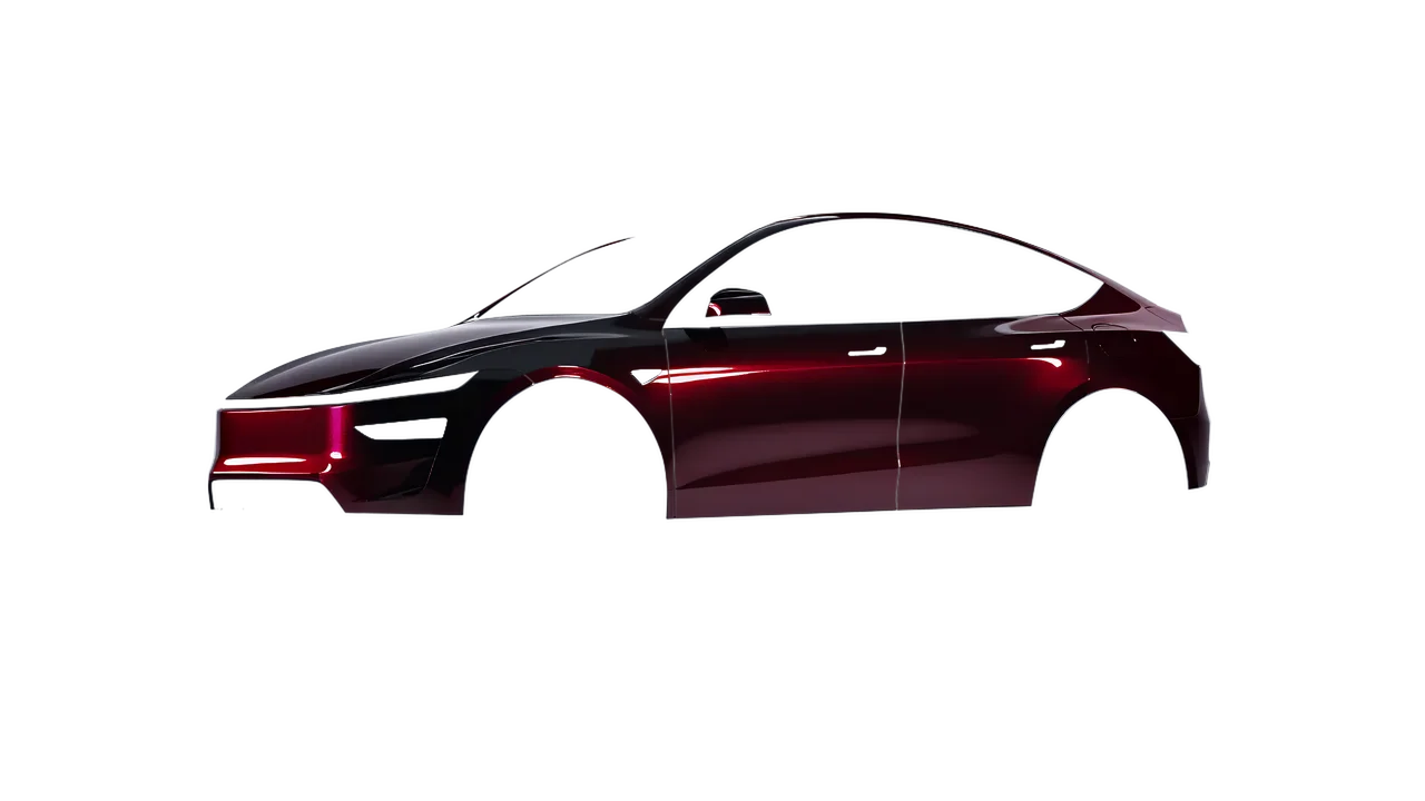 Tesla Model Y Juniper 2025 wrapped in Midnight Crimson Bloom Gloss (KPMF K75447), front three-quarter view