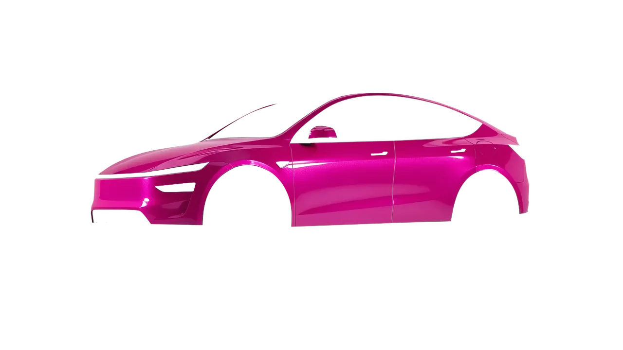 Tesla Model Y Juniper 2025 wrapped in Momentum Pink Gloss (KPMF K75406), front three-quarter view