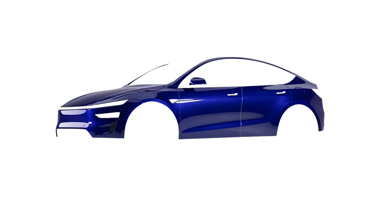 Tesla Model Y Juniper 2025 wrapped in Opulent Indigo Gloss (KPMF K75452), front three-quarter view