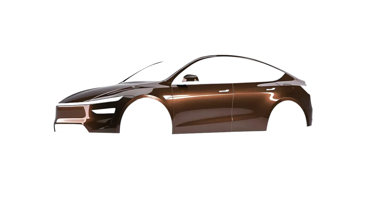 Tesla Model Y Juniper 2025 wrapped in Orient Brown Gloss (ORACAL 970RA-874G), front three-quarter view
