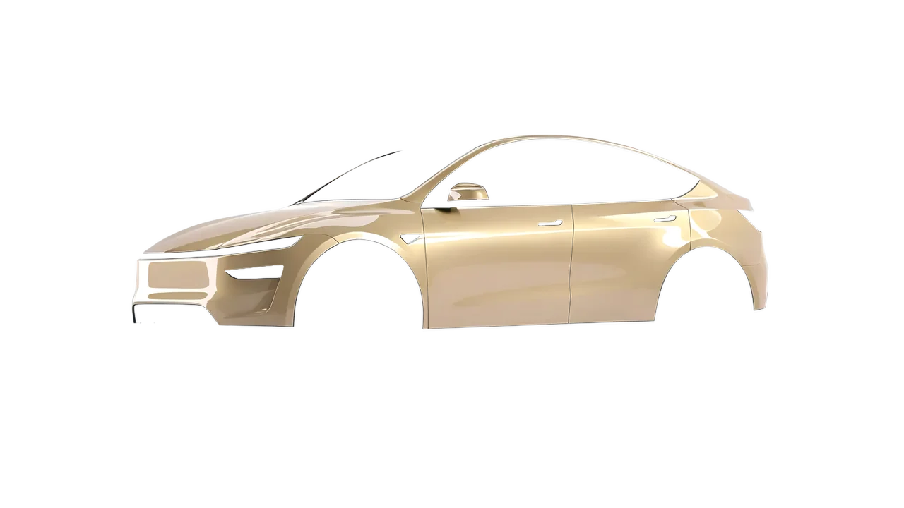 Tesla Model Y Juniper 2025 wrapped in Pyrite Gloss (ORACAL 970RA-926G), front three-quarter view