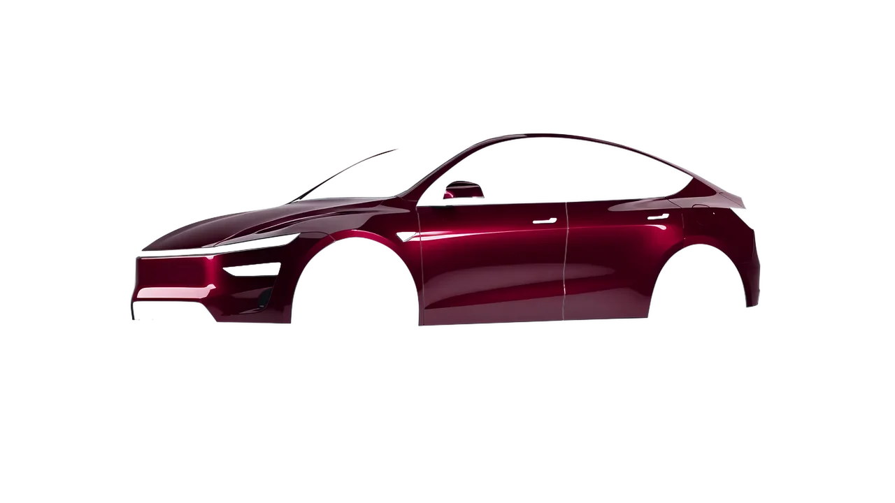 Tesla Model Y Juniper 2025 wrapped in Red Brown Gloss (ORACAL 970RA-369G), front three-quarter view