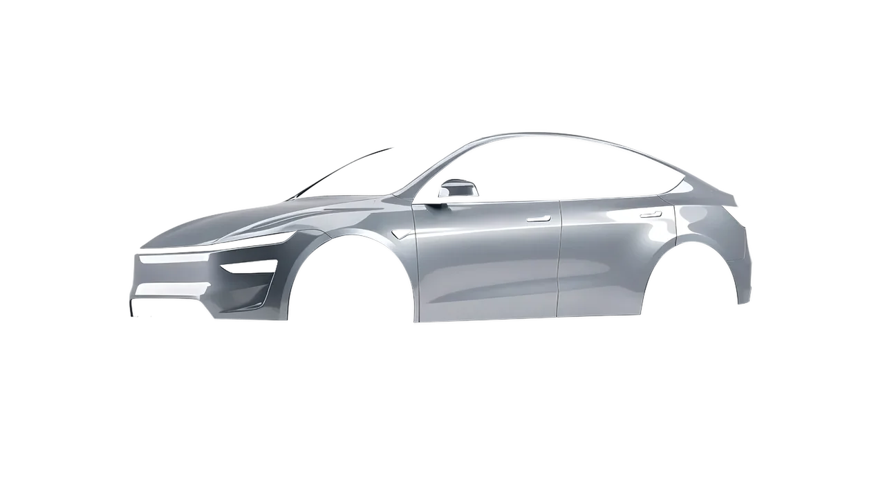 Tesla Model Y Juniper 2025 wrapped in Silver Grey Gloss (ORACAL 970RA-090G), front three-quarter view