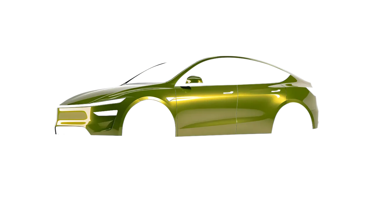 Tesla Model Y Juniper 2025 wrapped in Solar Flash Gloss (KPMF K75409), front three-quarter view