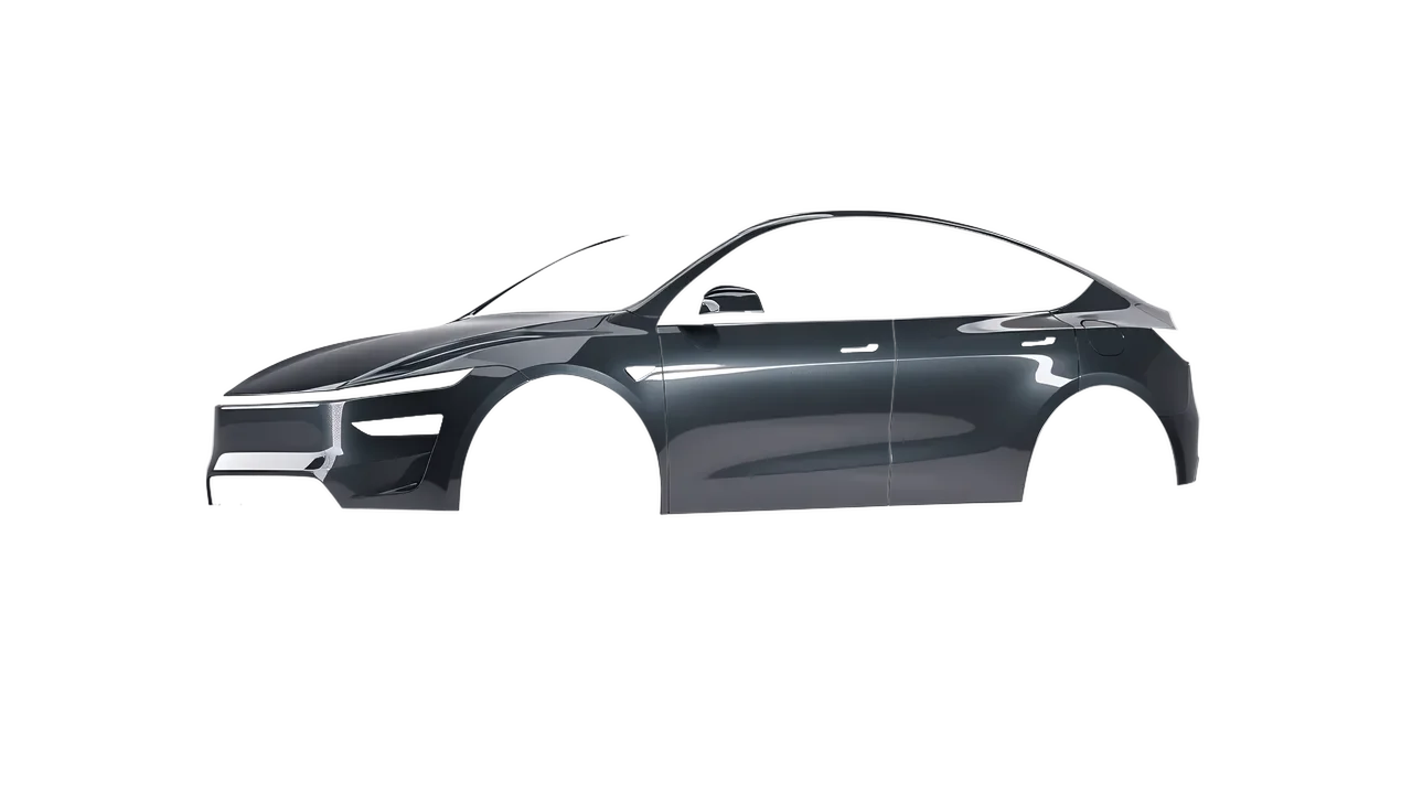 Tesla Model Y Juniper 2025 wrapped in Steel Gloss (ORACAL 970RA-795G), front three-quarter view