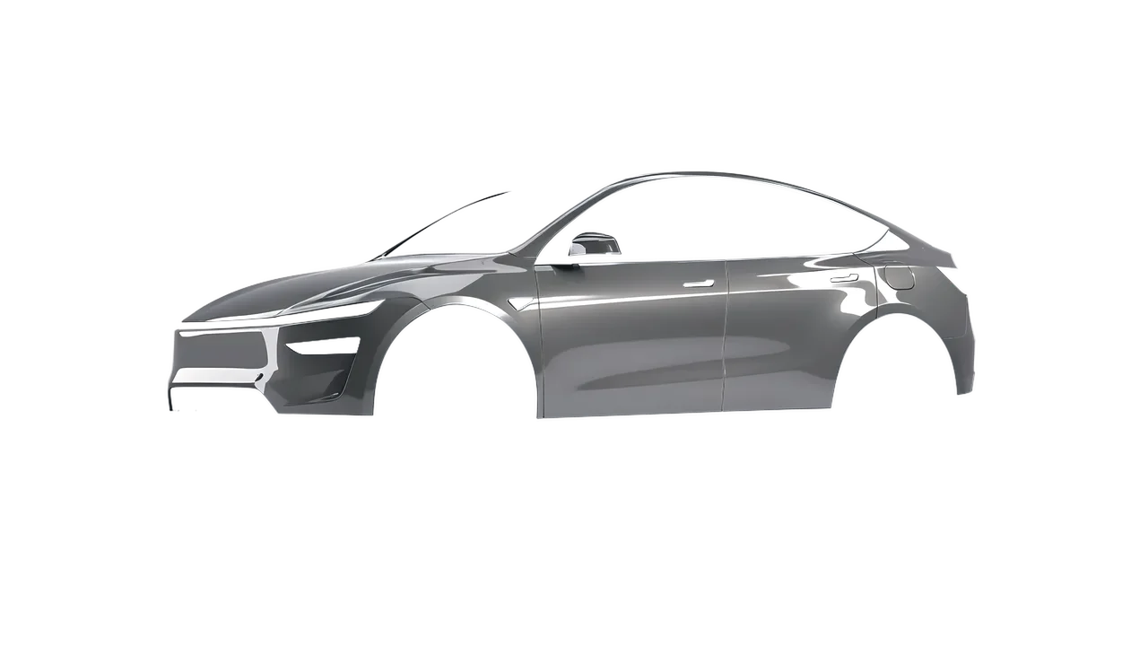 Tesla Model Y Juniper 2025 wrapped in Tin Gloss (ORACAL 970RA-933G), front three-quarter view
