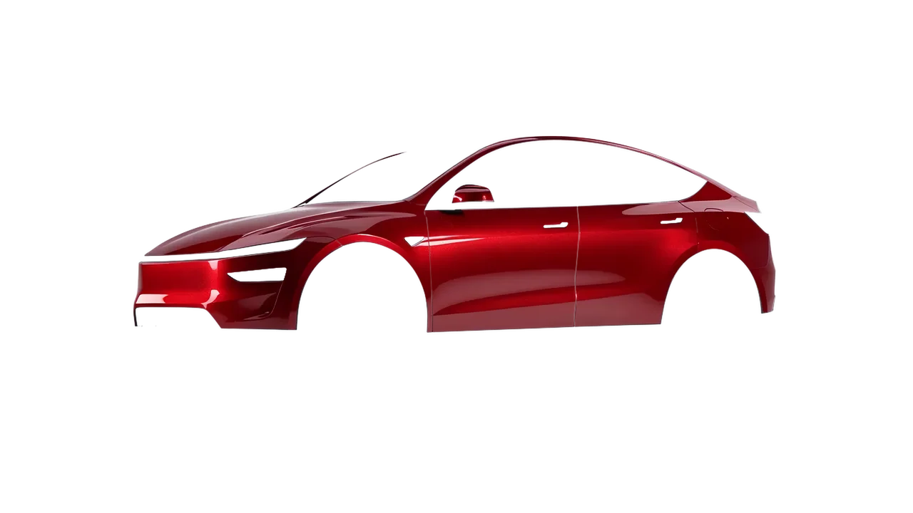 Tesla Model Y Juniper 2025 wrapped in Vengeance Red Gloss (KPMF K75403), front three-quarter view