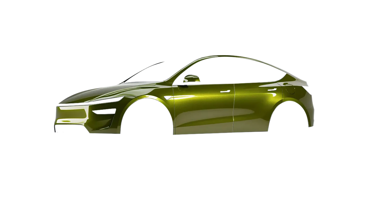 Tesla Model Y Juniper 2025 wrapped in Verde Solaris Gloss (KPMF K75439), front three-quarter view