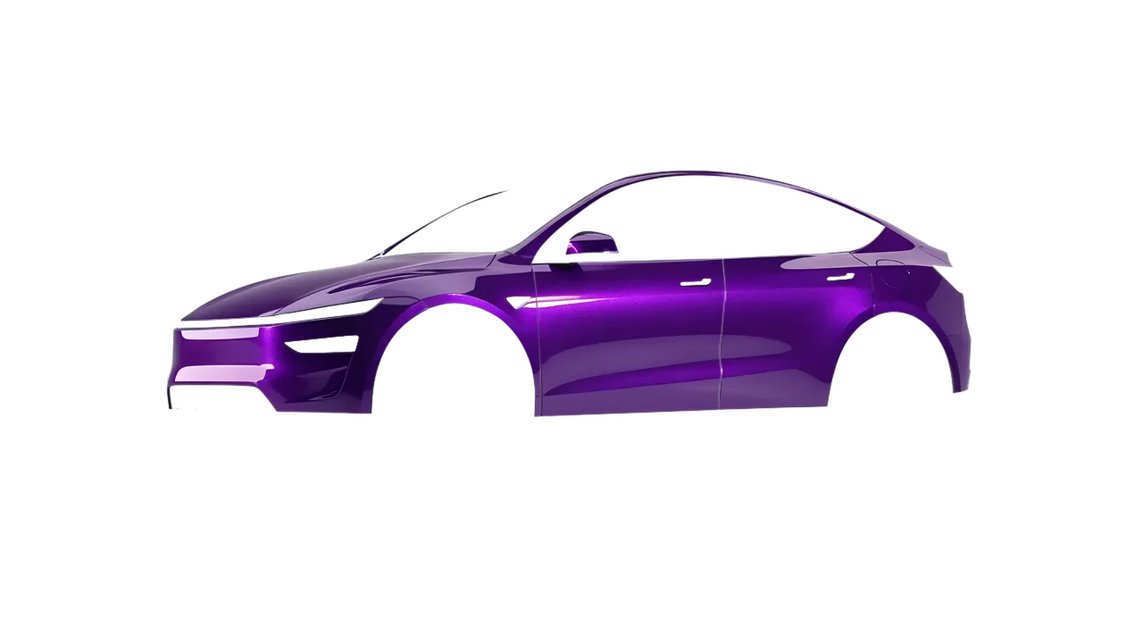 Tesla Model Y Juniper 2025 wrapped in Violet Gloss (ORACAL 970RA-406G), front three-quarter view
