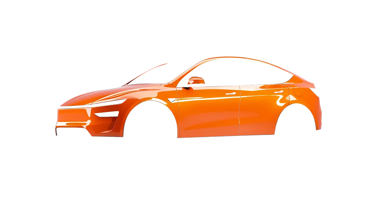 Tesla Model Y Juniper 2025 wrapped in Municipal Orange Gloss (ORACAL 970RA-351G), front three-quarter view