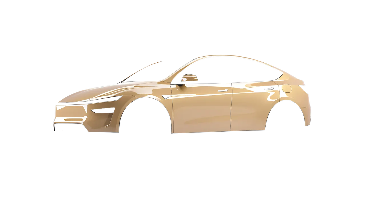 Tesla Model Y Juniper 2025 wrapped in Papyrus Gloss (ORACAL 970RA-816G), front three-quarter view
