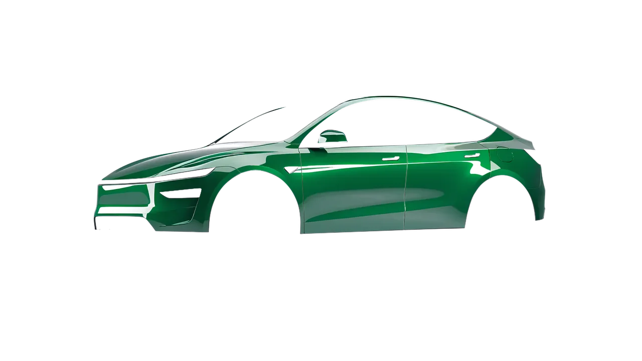 Tesla Model Y Juniper 2025 wrapped in Police Green Gloss (ORACAL 970RA-612G), front three-quarter view