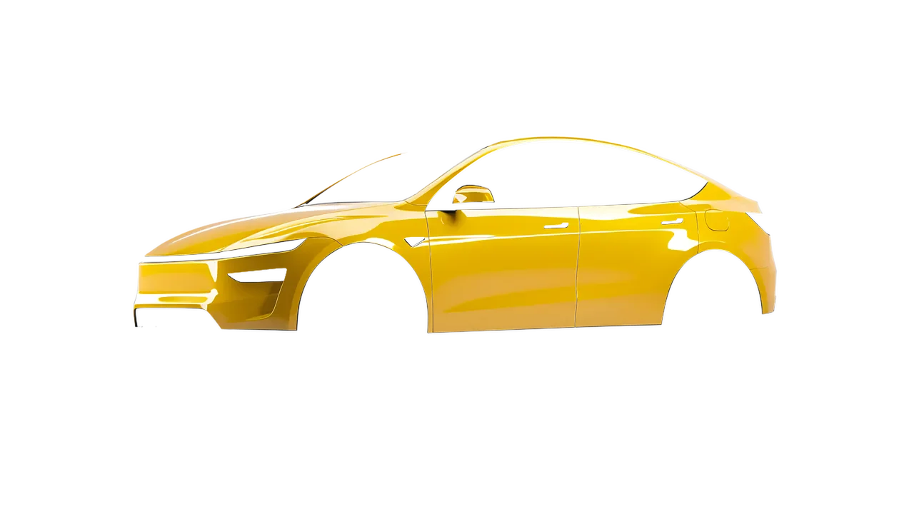 Tesla Model Y Juniper 2025 wrapped in Post Office Yellow Gloss (ORACAL 970RA-208G), front three-quarter view