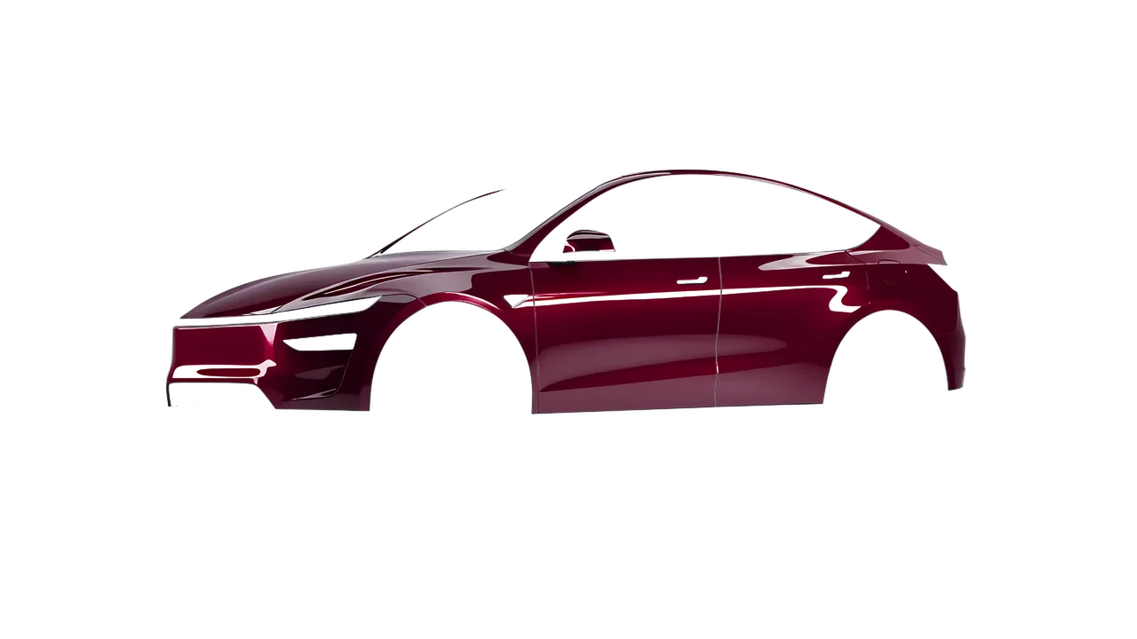 Tesla Model Y Juniper 2025 wrapped in Purple Red Gloss (ORACAL 970RA-026G), front three-quarter view