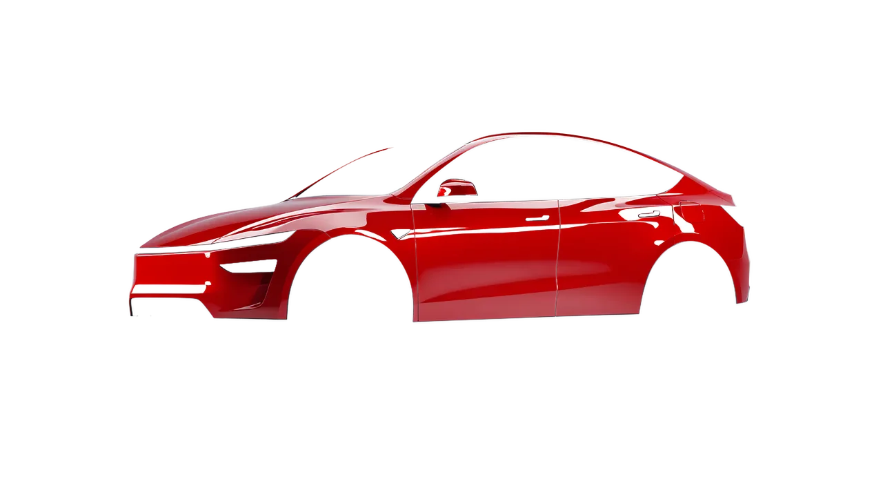 Tesla Model Y Juniper 2025 wrapped in Red Gloss (ORACAL 970RA-031G), front three-quarter view