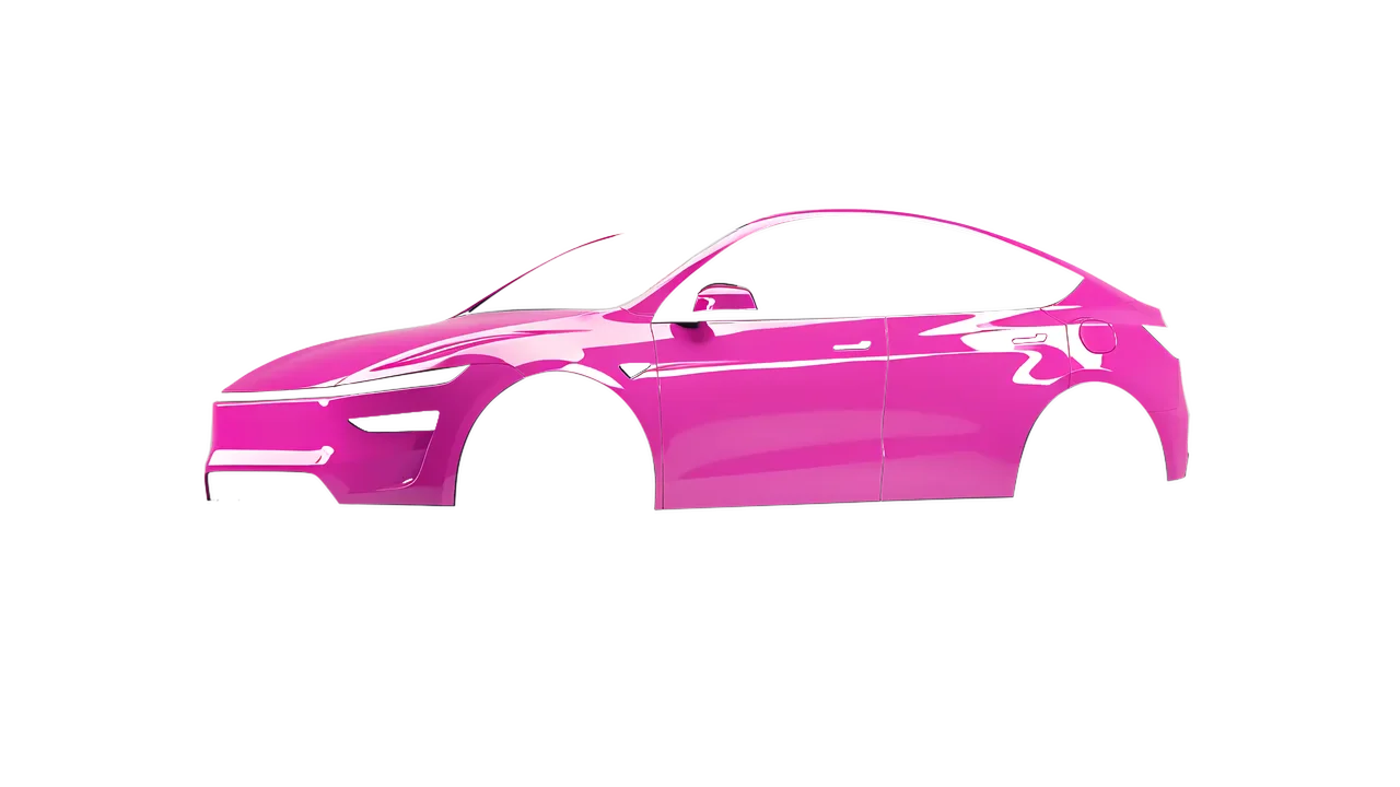 Tesla Model Y Juniper 2025 wrapped in Soft Pink Gloss (ORACAL 970RA-045G), front three-quarter view