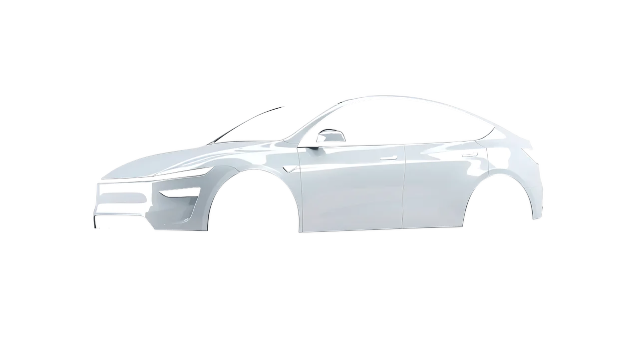 Tesla Model Y Juniper 2025 wrapped in Stone Grey Gloss (ORACAL 970RA-711G), front three-quarter view