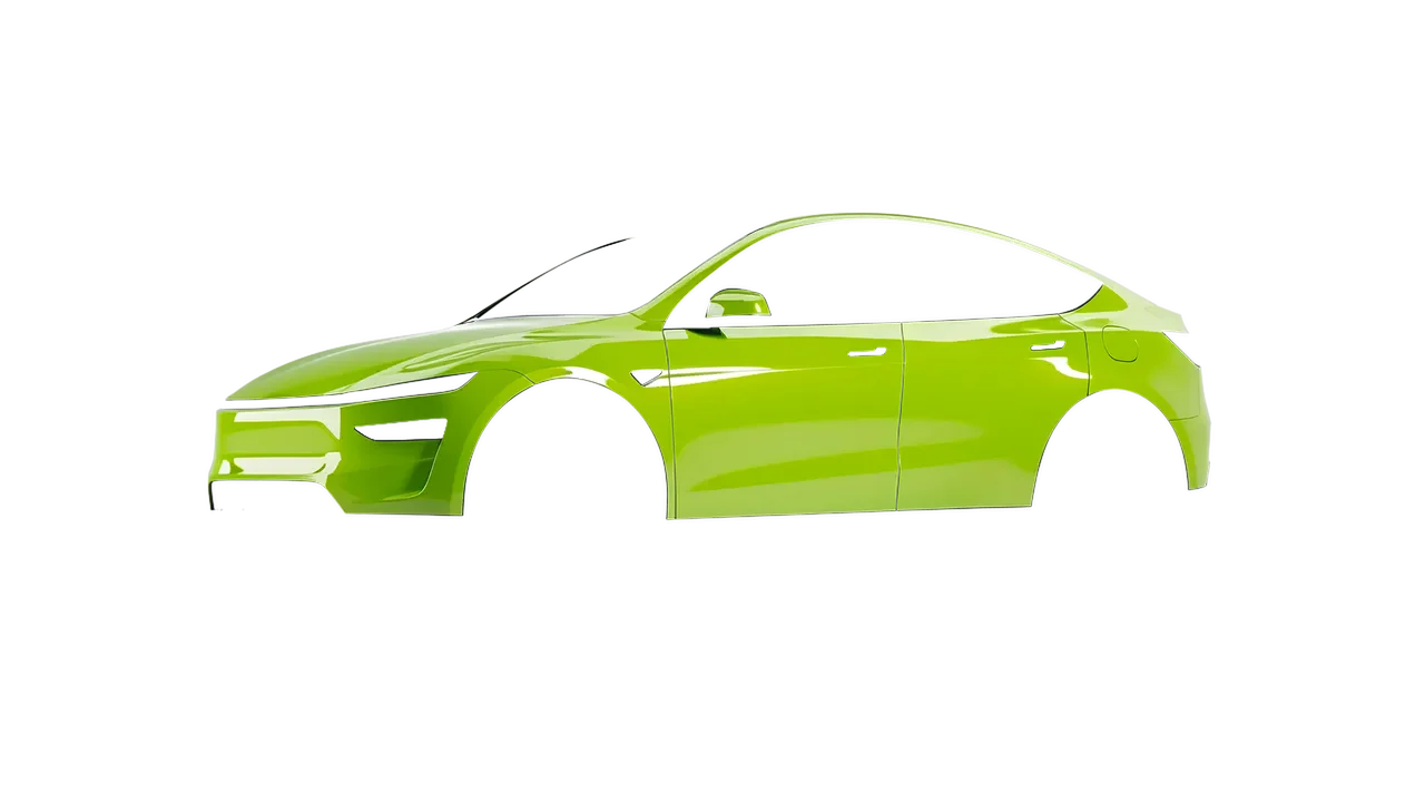 Tesla Model Y Juniper 2025 wrapped in Surge Green Gloss (KPMF K75438), front three-quarter view