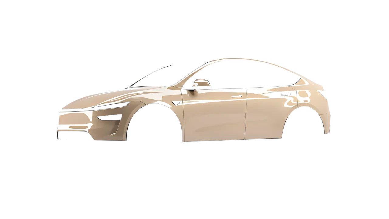 Tesla Model Y Juniper 2025 wrapped in Taxibeige Gloss (ORACAL 970RA-809G), front three-quarter view