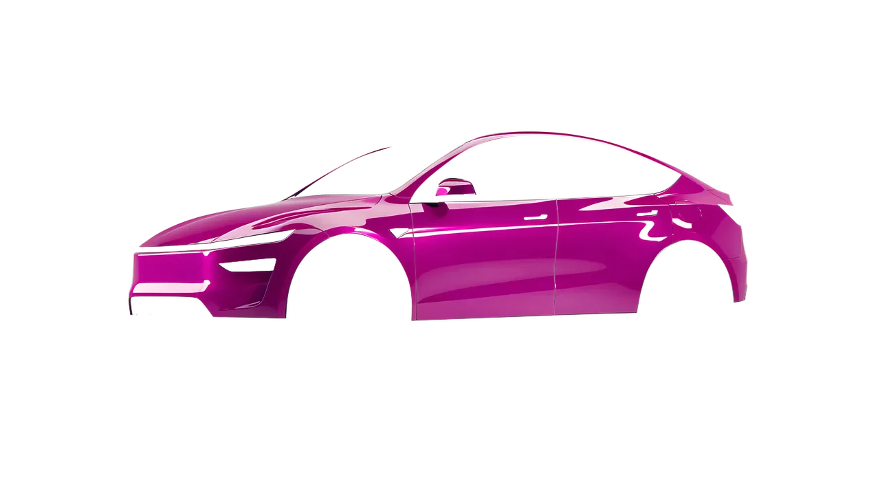 Tesla Model Y Juniper 2025 wrapped in Telemagenta Gloss (ORACAL 970RA-077G), front three-quarter view