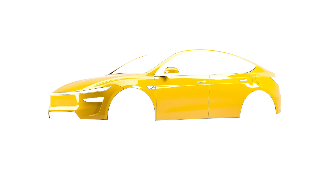 Tesla Model Y Juniper 2025 wrapped in Traffic Yellow Gloss (ORACAL 970RA-216G), front three-quarter view