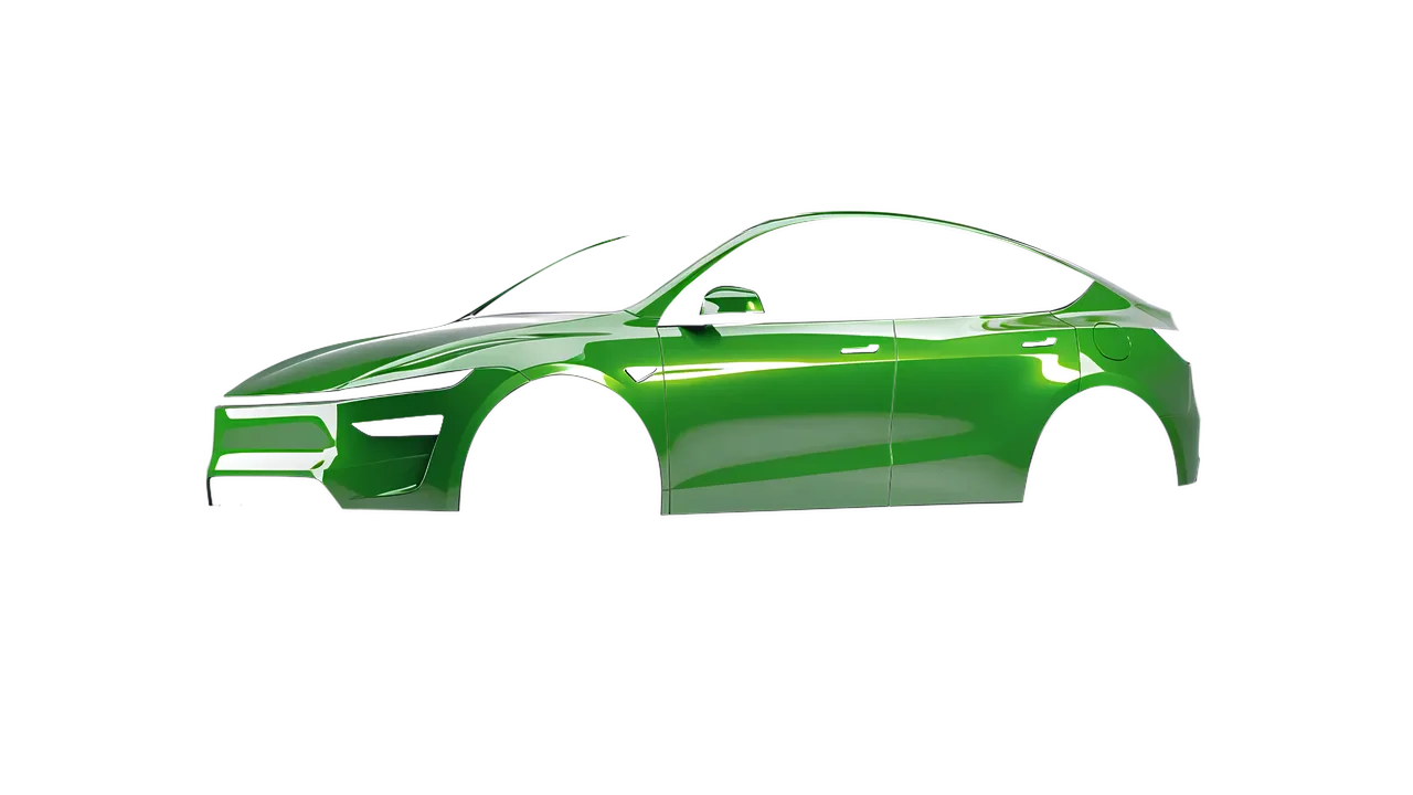 Tesla Model Y Juniper 2025 wrapped in Tree Green Gloss (ORACAL 970RA-486G), front three-quarter view