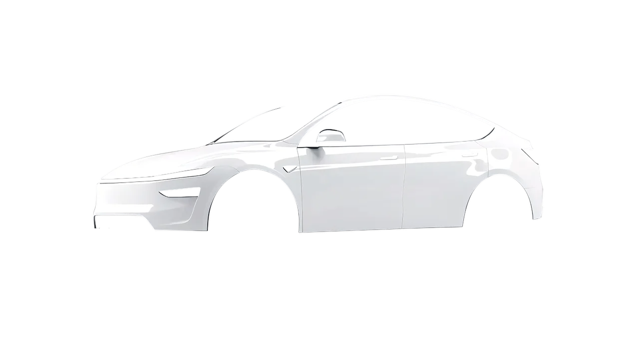 Tesla Model Y Juniper 2025 wrapped in White Gloss (ORACAL 970RA-010G), front three-quarter view