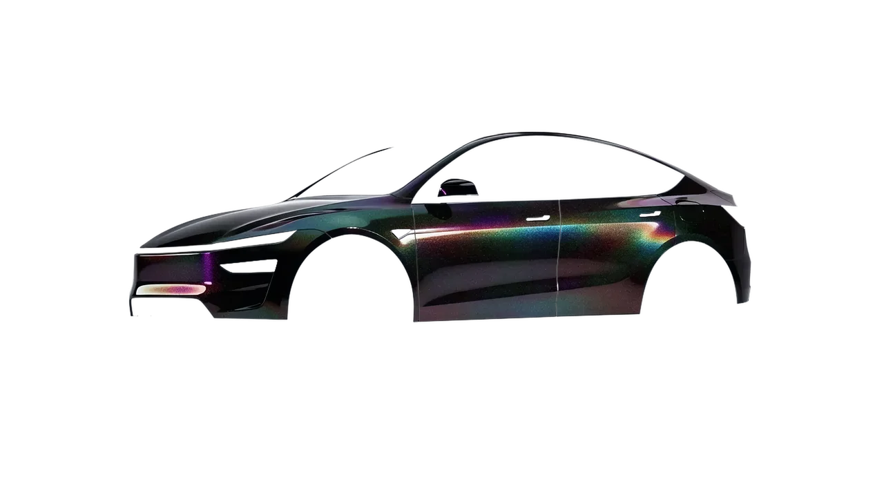 Tesla Model Y Juniper 2025 wrapped in High Gloss Flip Black Psychedelic (3M HGP221), front three-quarter view