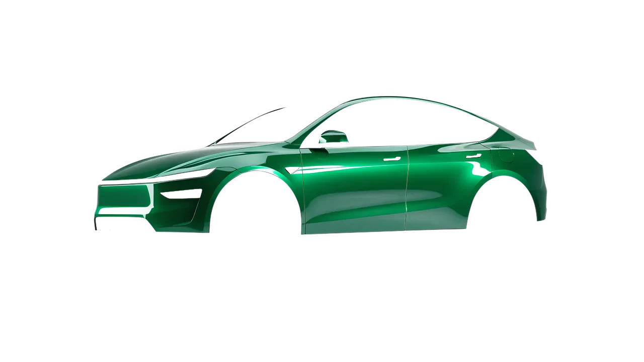 Tesla Model Y Juniper 2025 wrapped in High Gloss Green Envy (3M HG336), front three-quarter view