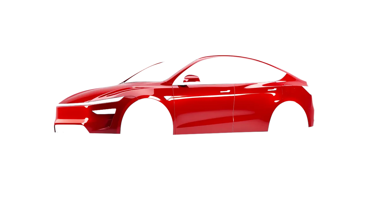 Tesla Model Y Juniper 2025 wrapped in High Gloss Hot Rod Red (3M HG13), front three-quarter view
