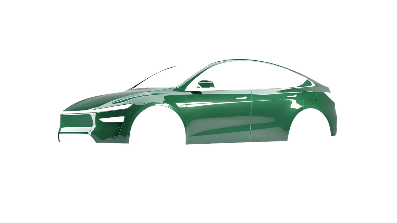 Tesla Model Y Juniper 2025 wrapped in High Gloss Mantis Green (3M HG36), front three-quarter view