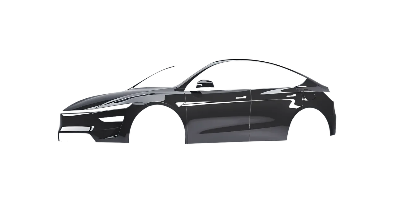 Tesla Model Y Juniper 2025 wrapped in High Gloss Meteor Gray (3M HG81), front three-quarter view