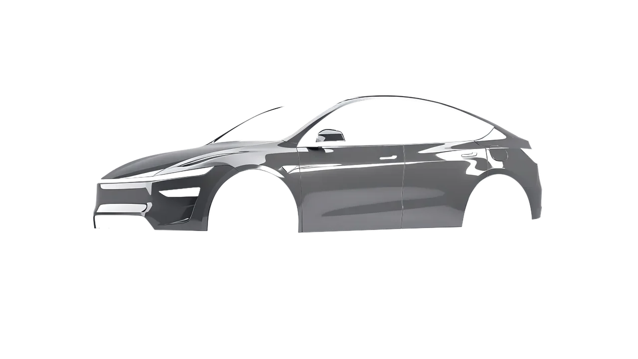 Tesla Model Y Juniper 2025 wrapped in High Gloss Nardo Gray (3M HG61), front three-quarter view